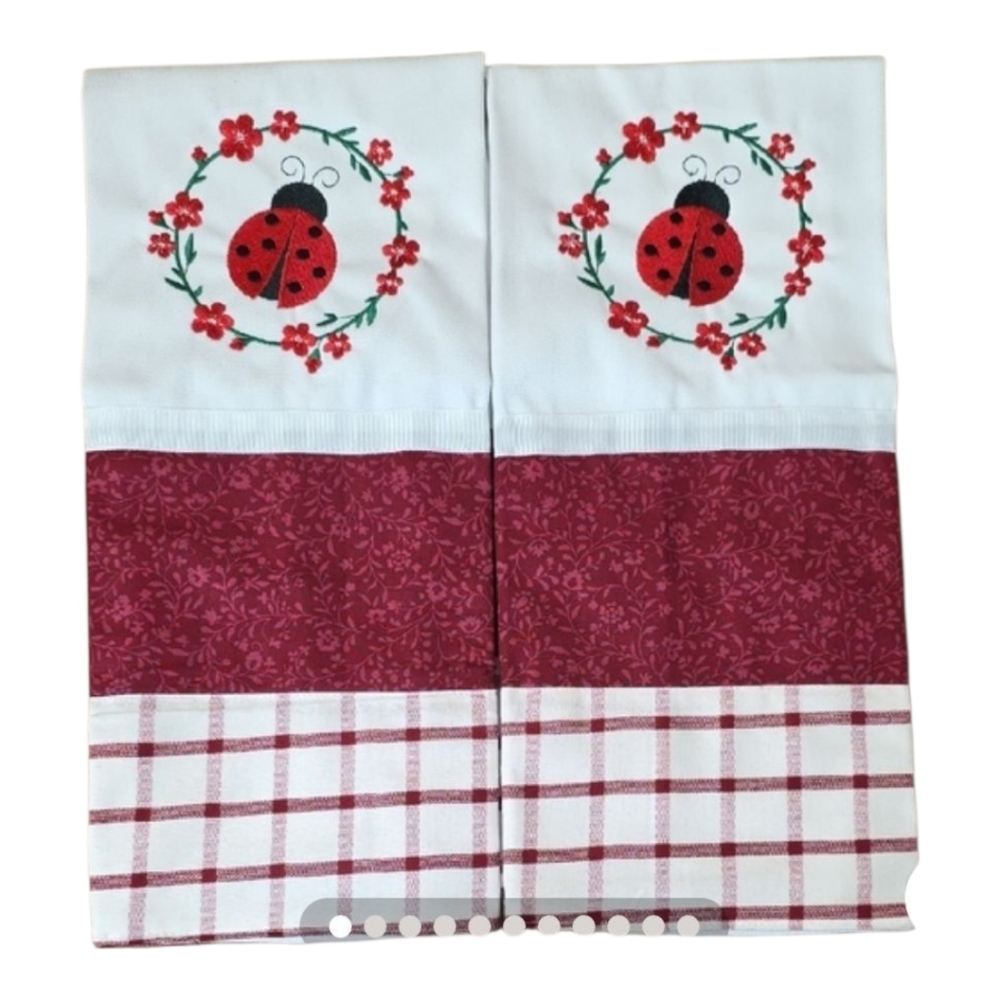 Handcrafted Embroidered Ladybug Gingham Hand Towels Set Of 2 18" X 27" White